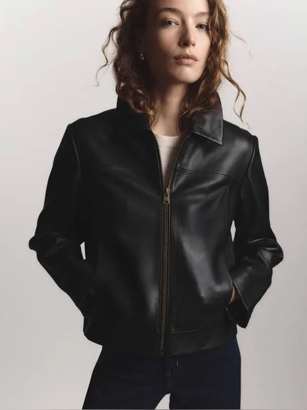 Quince 100% Leather Cropped Zip Front Jacket Black XS Top Grain Sheep Leather